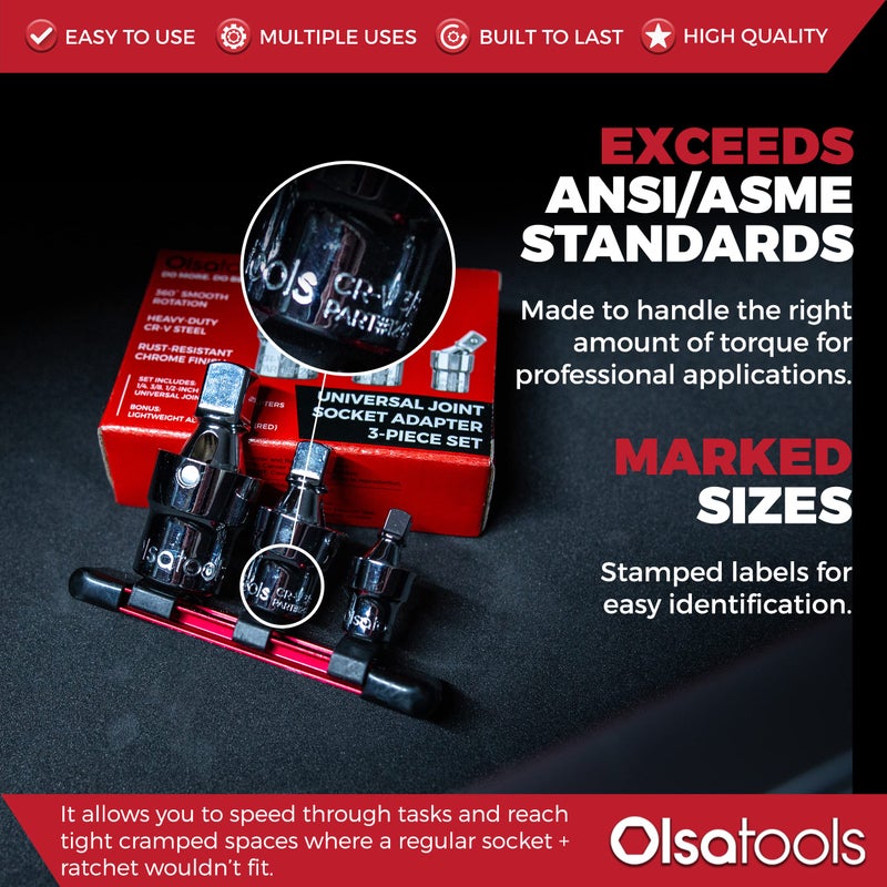 Olsa Tools مجموعة مفاصل عالمية من أولا للأدوات - 3 قطع 1/2"، 3/8" و 1/4" - مجموعة مفاتيح مفصلية دوارة مع سكة ألمنيوم - محولات مفاتيح كروية وزاوية - الجزء 1243 - Image 3